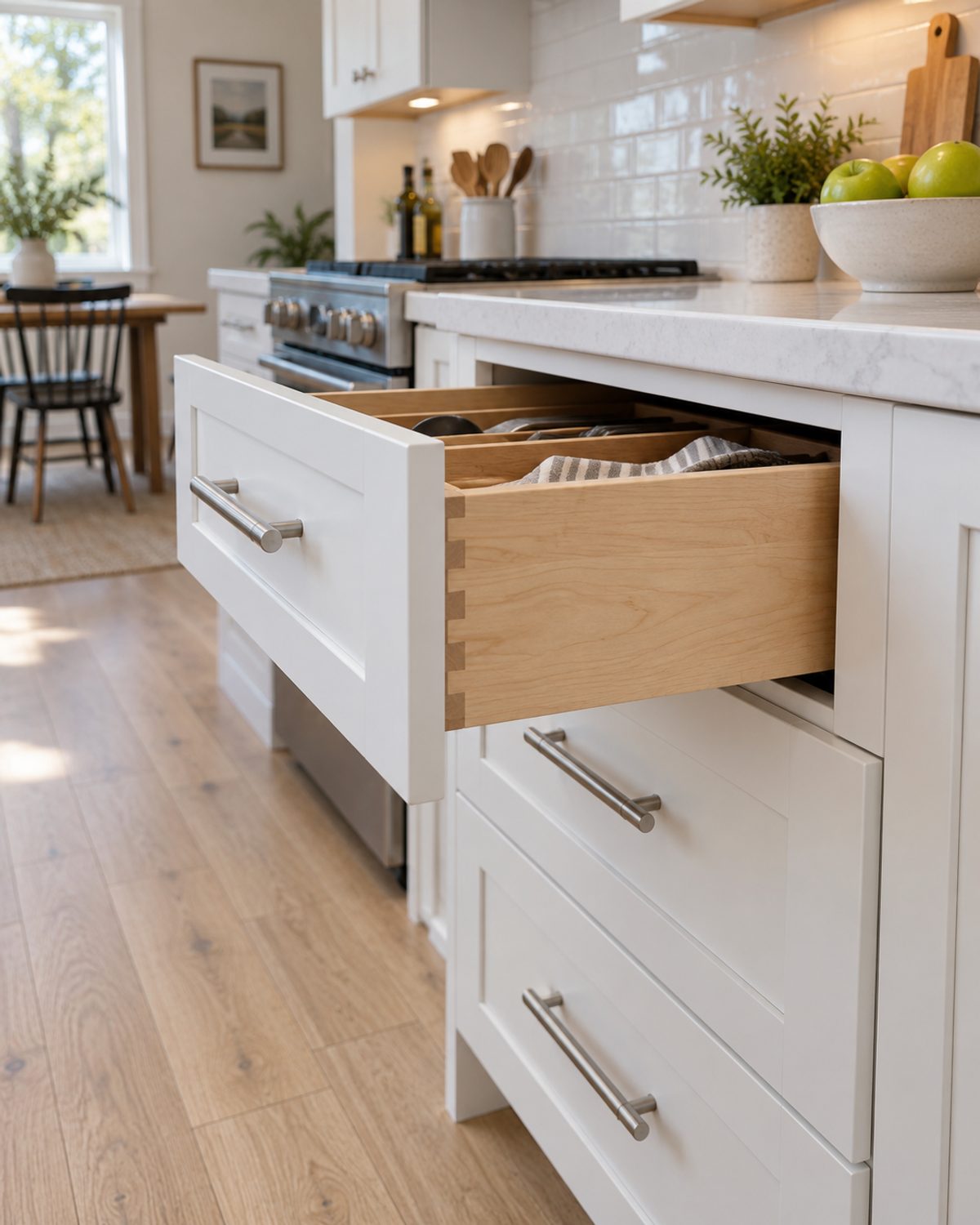 Open solid wood dovetailed drawer in a white shaker base cabinet beneath a quartz counter