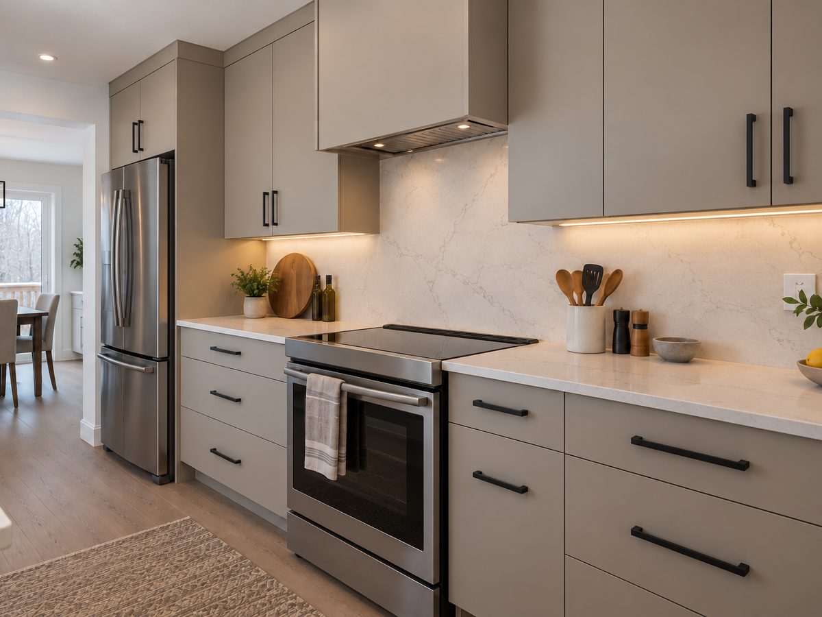 Warm greige flat-panel cabinets with black pulls, veined quartz counters and a full-height backsplash