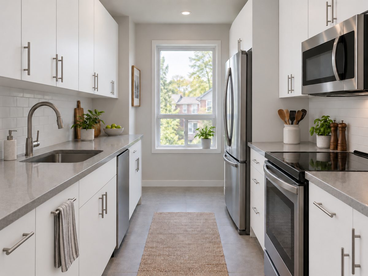 Compact white galley kitchen with grey quartz counters, stainless appliances and a window at the far end